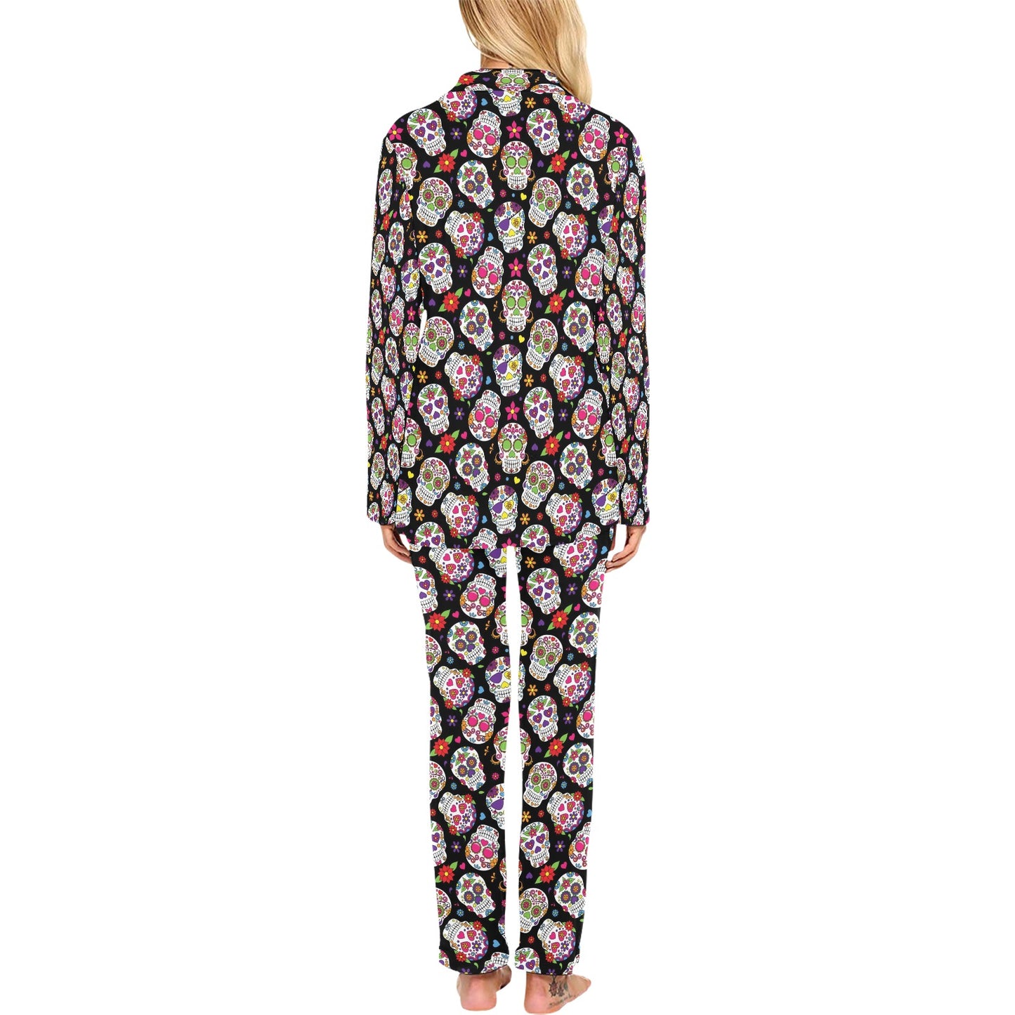 Sugar Skull Print Design LKS302 Women's Long Pajama Set