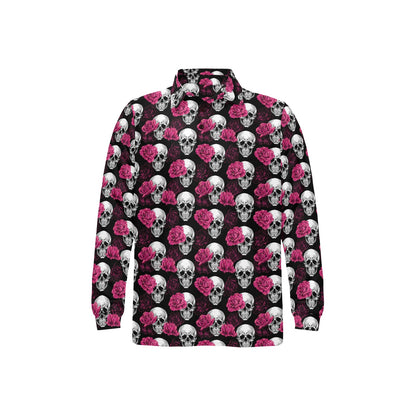 Pink Rose Skull Themed Print Long Sleeve Polo Shirt For Men's