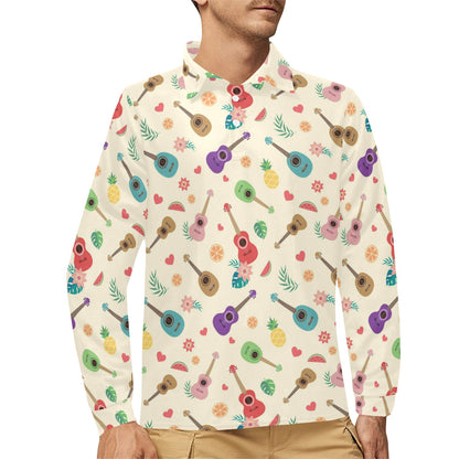 Ukulele Pattern Print Design 01 Long Sleeve Polo Shirt For Men's