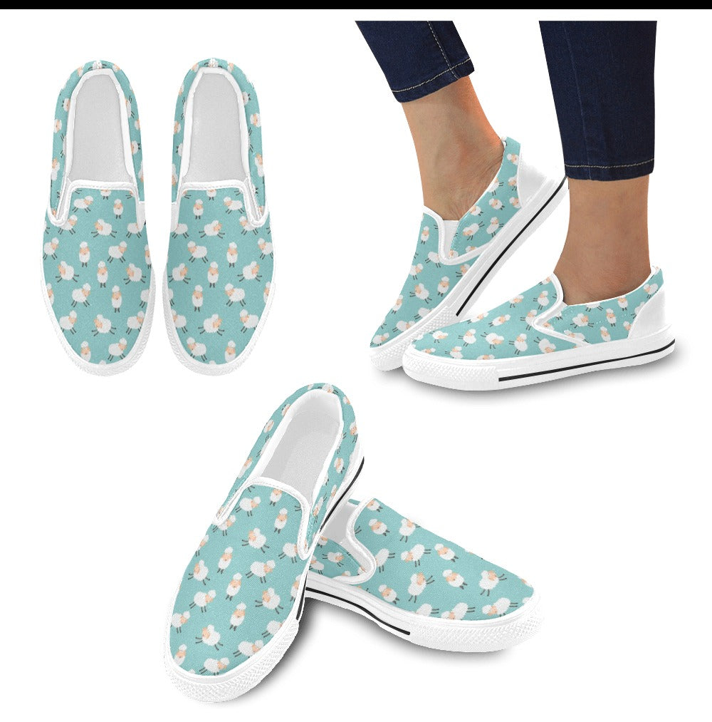 Sheep Print Design LKS406 White Slip Ons Canvas Women's Shoes