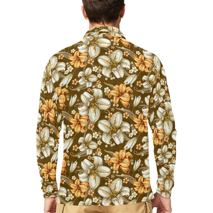 Lily Pattern Print Design 01 Long Sleeve Polo Shirt For Men's