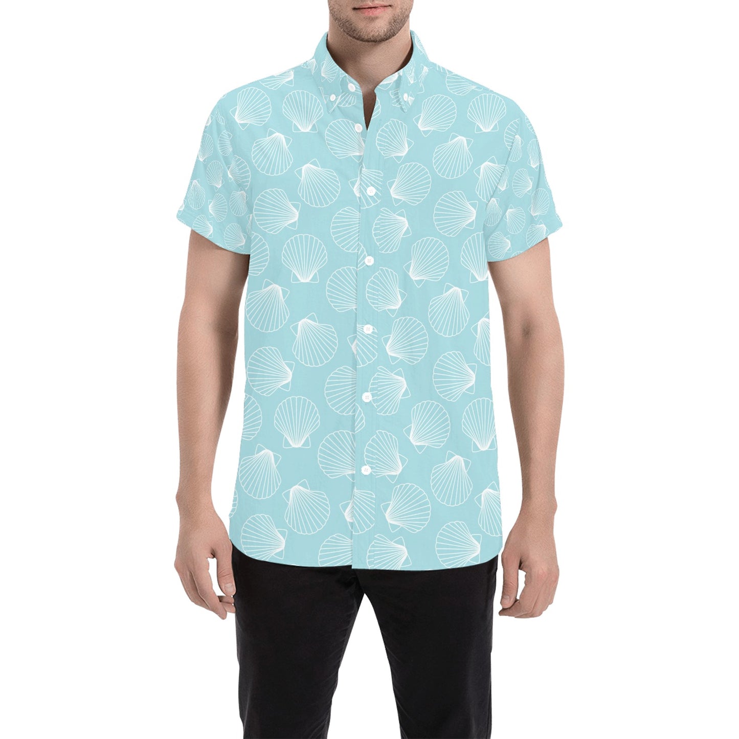 Seashell Print Design LKS3010 Men Short Sleeve Button Up Shirt