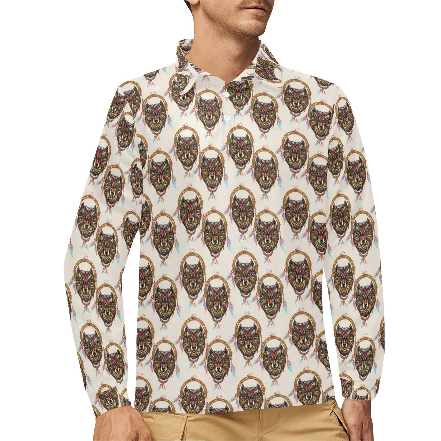 Wolf Tribal Dream Catcher Design Print Long Sleeve Polo Shirt For Men's