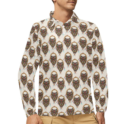 Wolf Tribal Dream Catcher Design Print Long Sleeve Polo Shirt For Men's