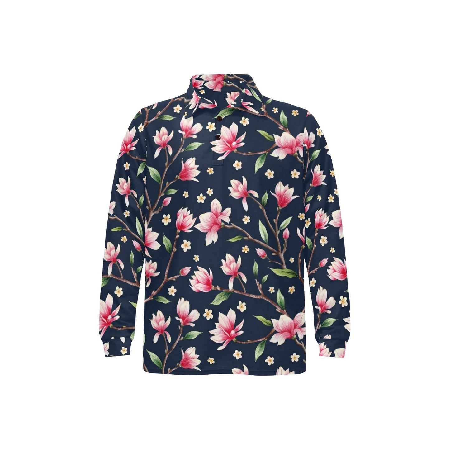 Magnolia Pattern Print Design MAG09 Long Sleeve Polo Shirt For Men's