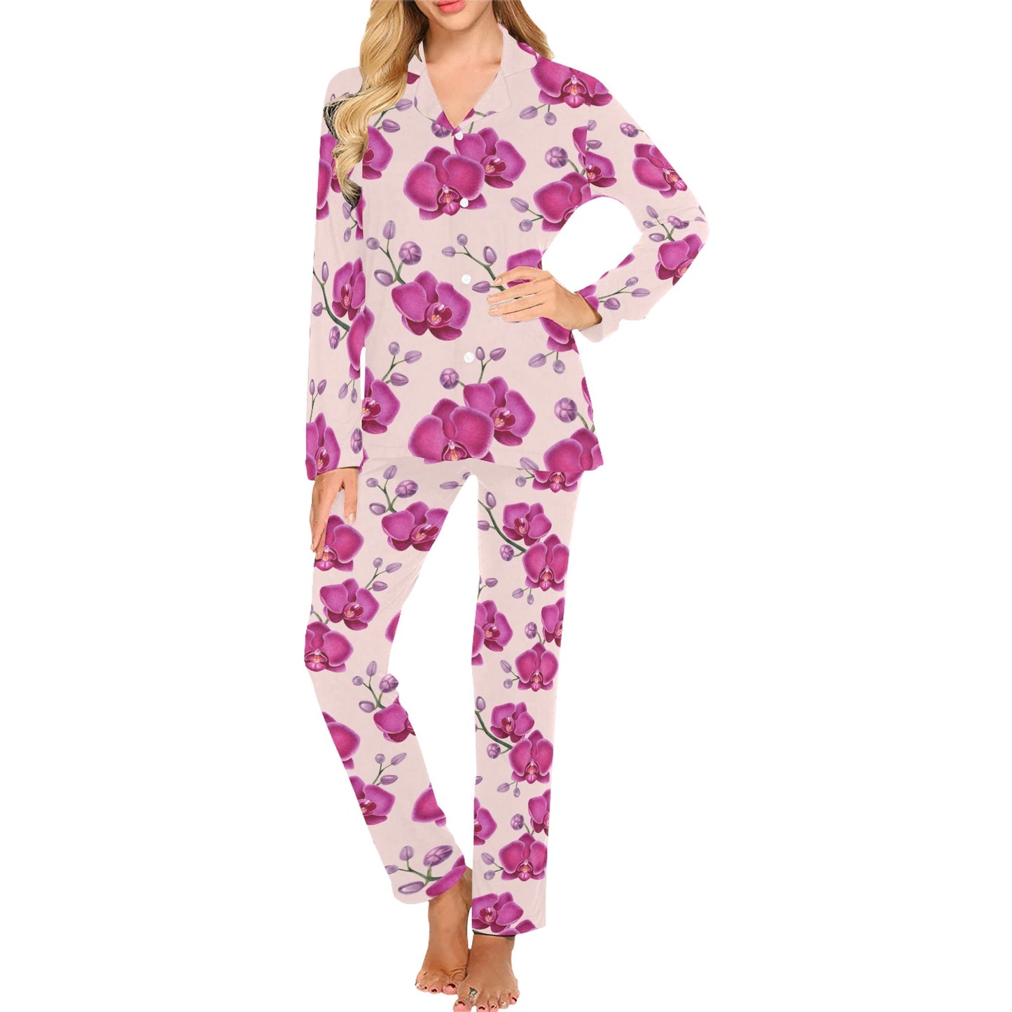 Orchid Purple Pattern Print Design OR04 Women's Long Pajama Set