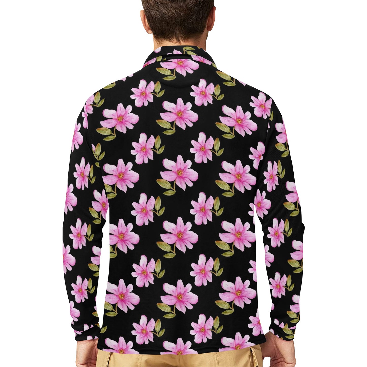Magnolia Pattern Print Design MAG06 Long Sleeve Polo Shirt For Men's