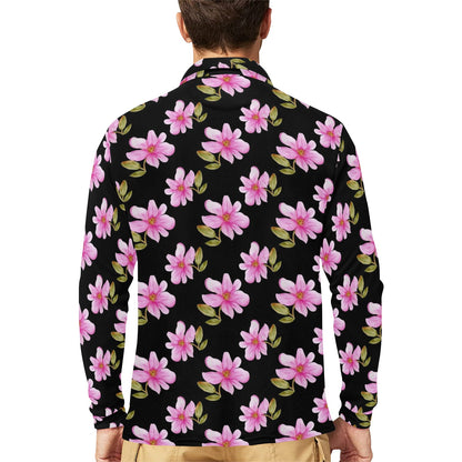 Magnolia Pattern Print Design MAG06 Long Sleeve Polo Shirt For Men's