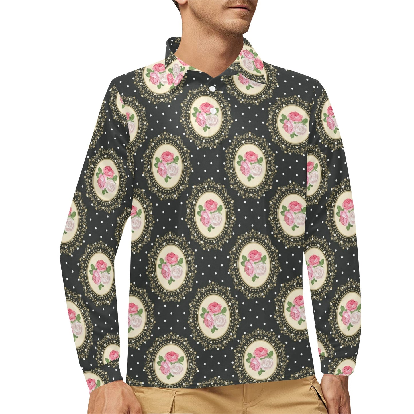 Rose Pattern Print Design RO015 Long Sleeve Polo Shirt For Men's