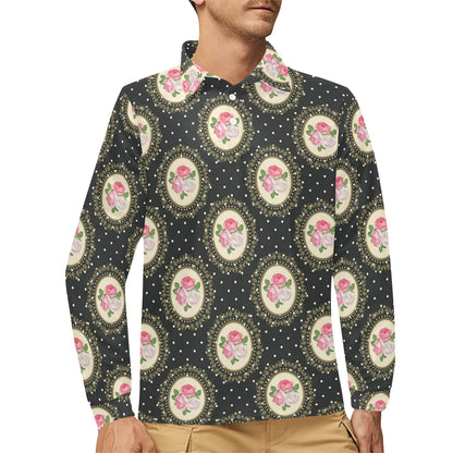 Rose Pattern Print Design RO015 Long Sleeve Polo Shirt For Men's