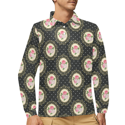 Rose Pattern Print Design RO015 Long Sleeve Polo Shirt For Men's