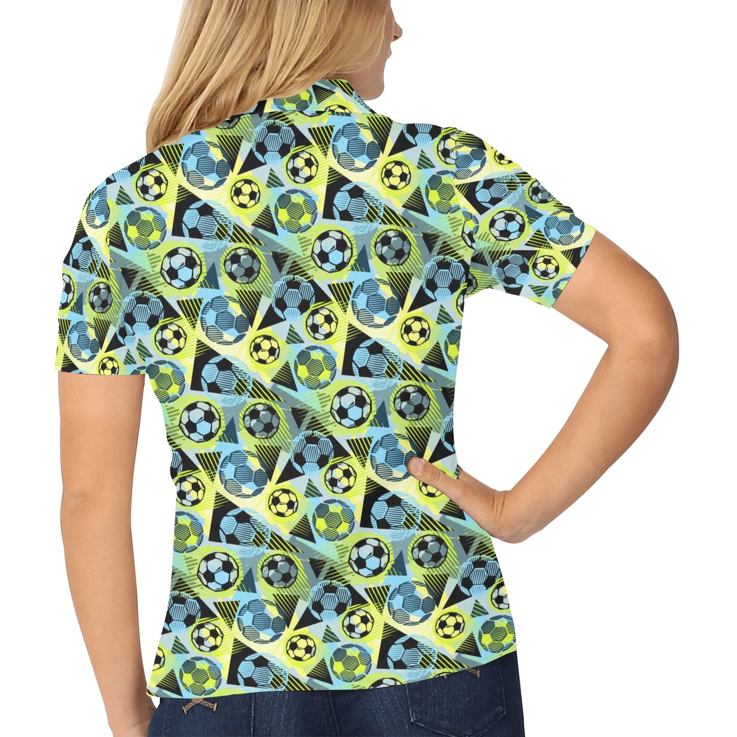 Soccer Ball Themed Print Design Women's Polo Shirt