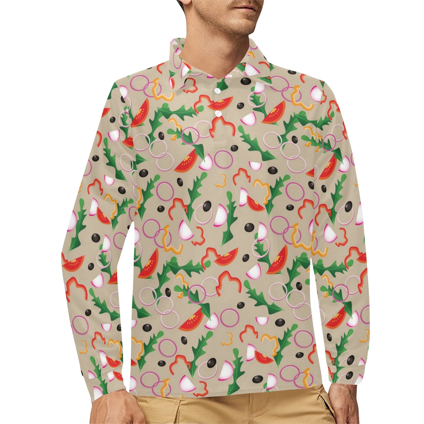Salad Print Design LKS303 Long Sleeve Polo Shirt For Men's