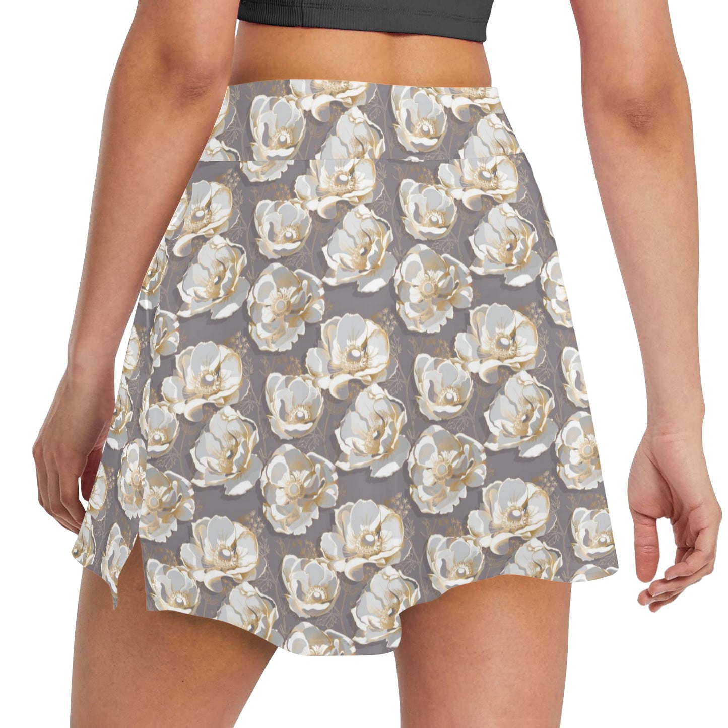 Elegant Grey Flower Print 17" Golf & Pickleball Skort with Pockets