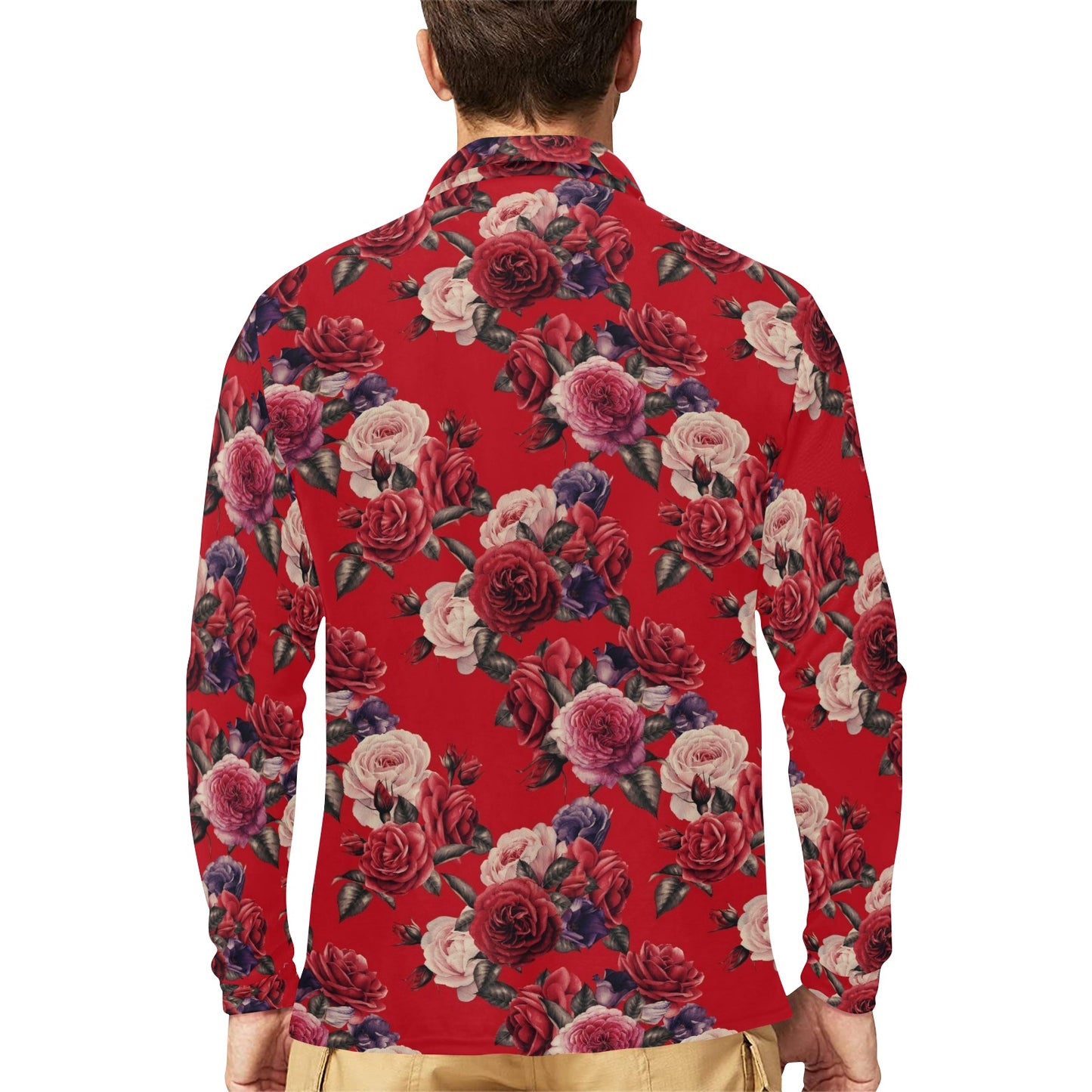 Rose Red Pattern Print Design RO07 Long Sleeve Polo Shirt For Men's