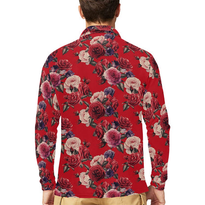 Rose Red Pattern Print Design RO07 Long Sleeve Polo Shirt For Men's