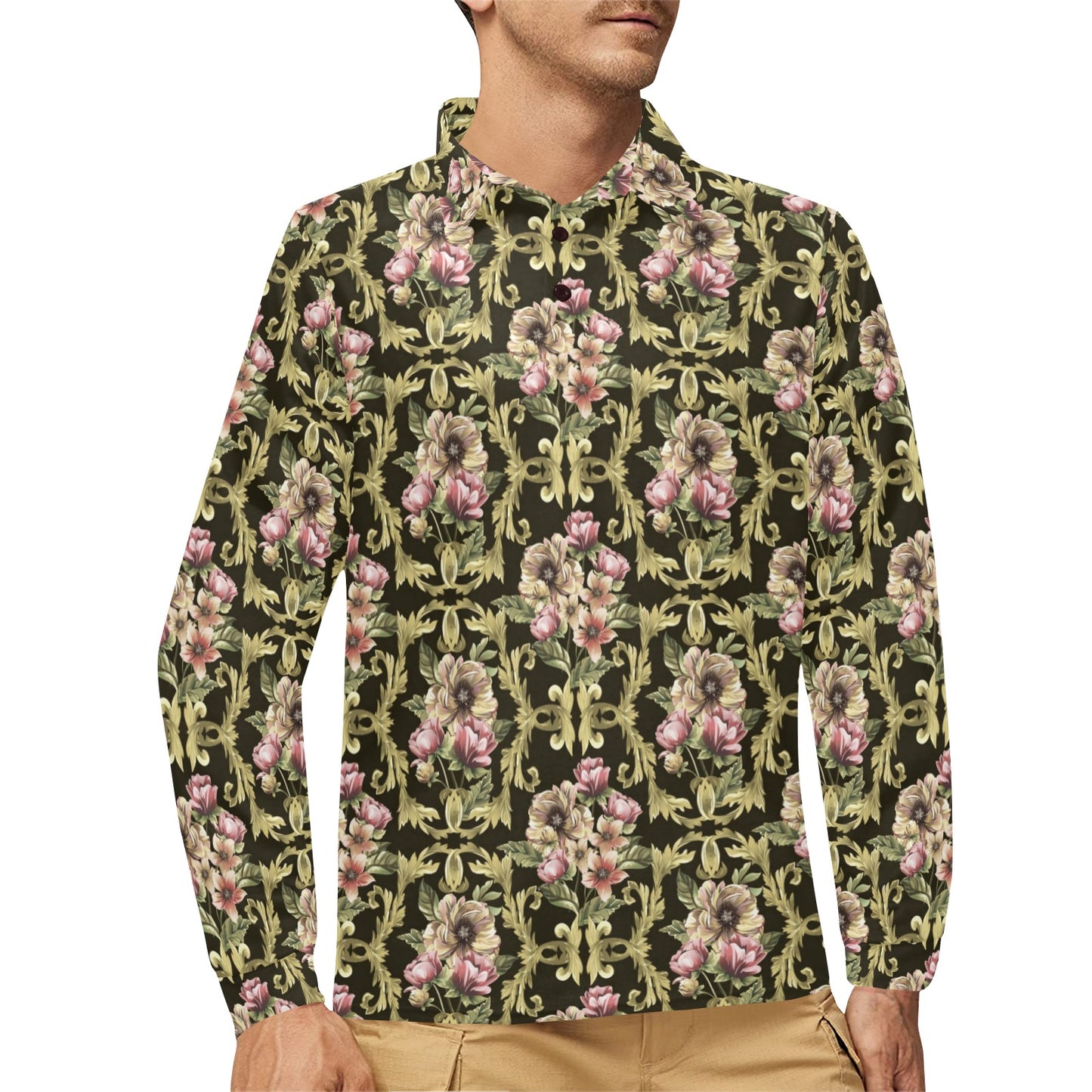 Baroque Pattern Print Design 02 Long Sleeve Polo Shirt For Men's