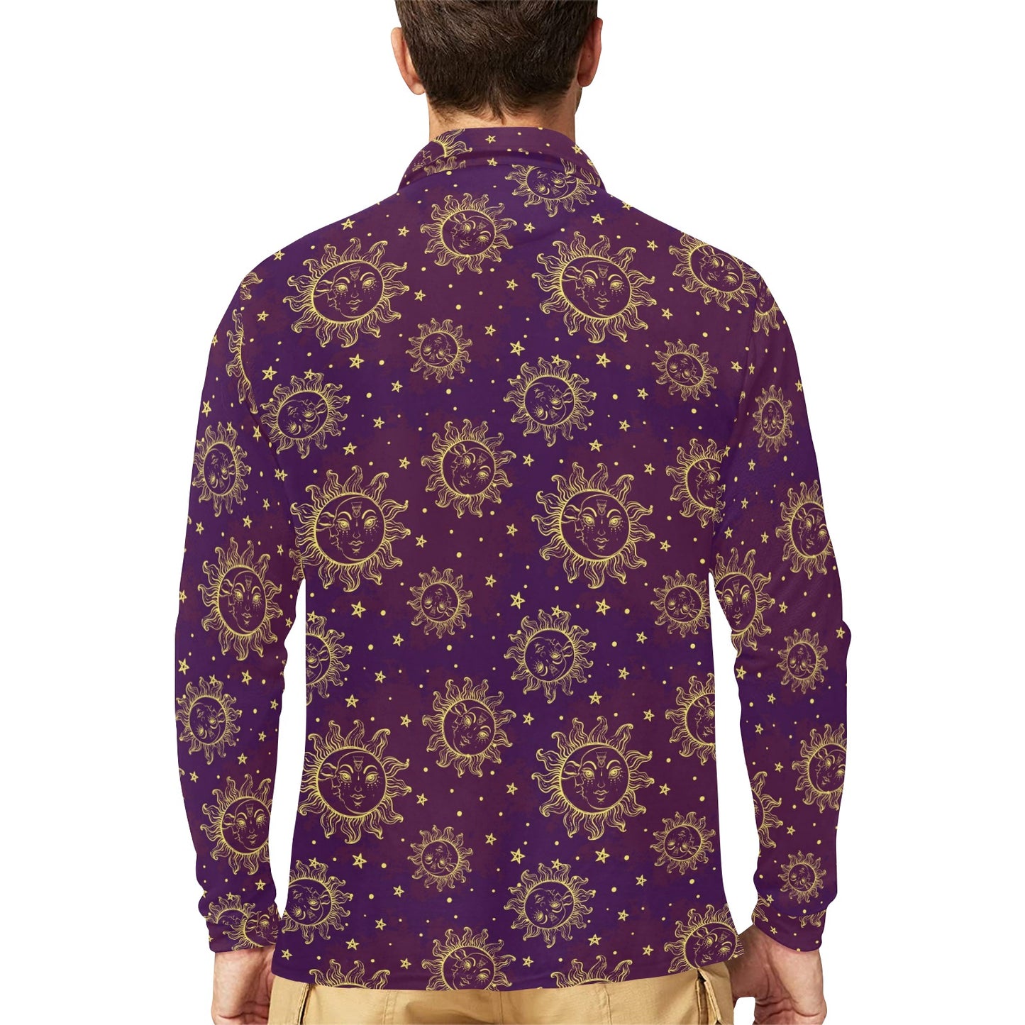 Sun Moon Star Design Themed Print Long Sleeve Polo Shirt For Men's