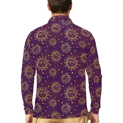 Sun Moon Star Design Themed Print Long Sleeve Polo Shirt For Men's
