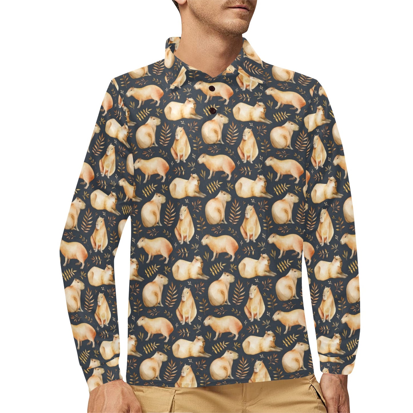 Capybara Pattern Print Design 02 Long Sleeve Polo Shirt For Men's
