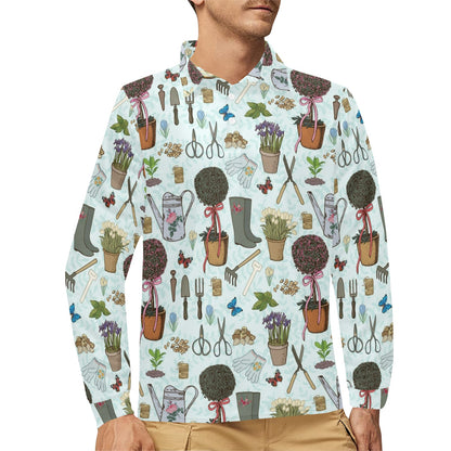 Gardening Pattern Print Design G01 Long Sleeve Polo Shirt For Men's