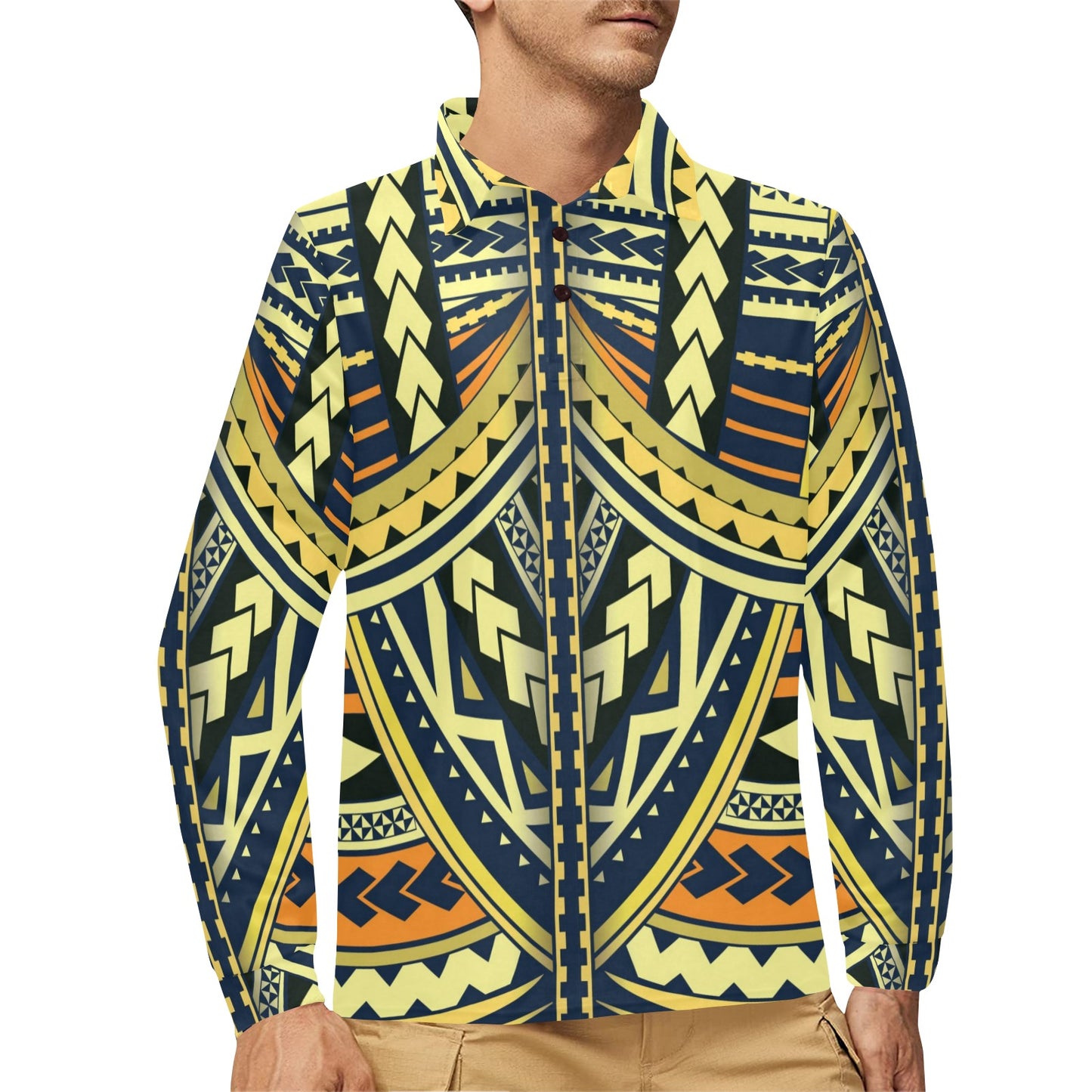 Polynesian Tattoo Print Long Sleeve Polo Shirt For Men's