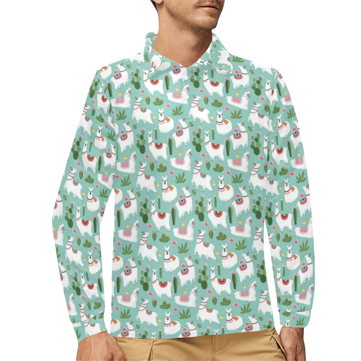 Llama with Cactus Themed Print Long Sleeve Polo Shirt For Men's