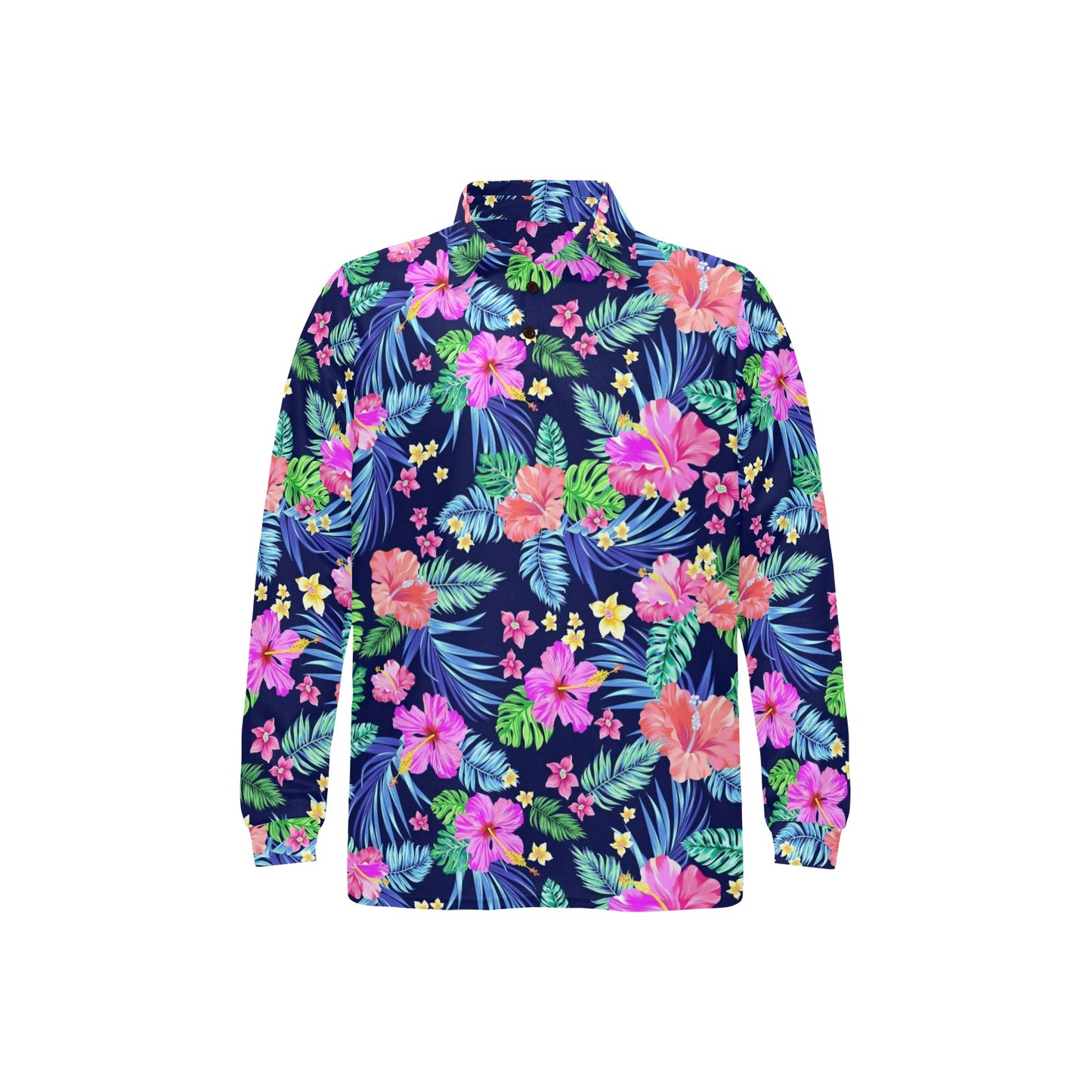 Neon Hibiscus Pattern Print Design HB016 Long Sleeve Polo Shirt For Men's