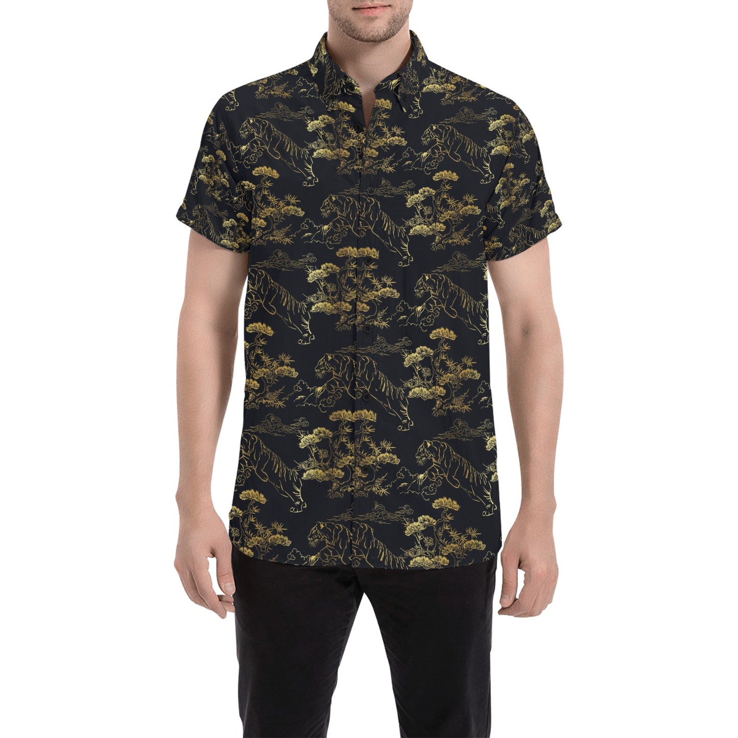 Tiger Japan Style Print Design LKS305 Men Short Sleeve Button Up Shirt