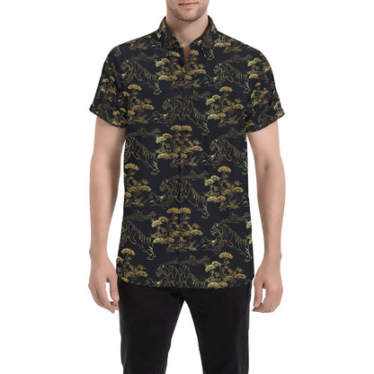 Tiger Japan Style Print Design LKS305 Men Short Sleeve Button Up Shirt