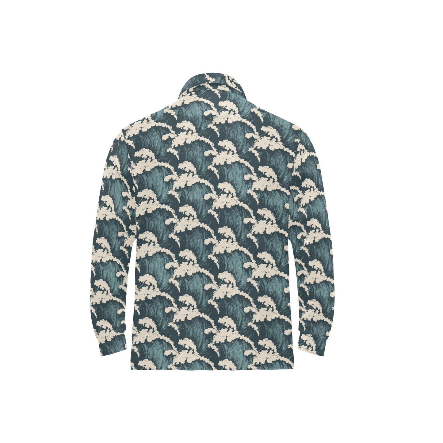 Wave Art Print Long Sleeve Polo Shirt For Men's