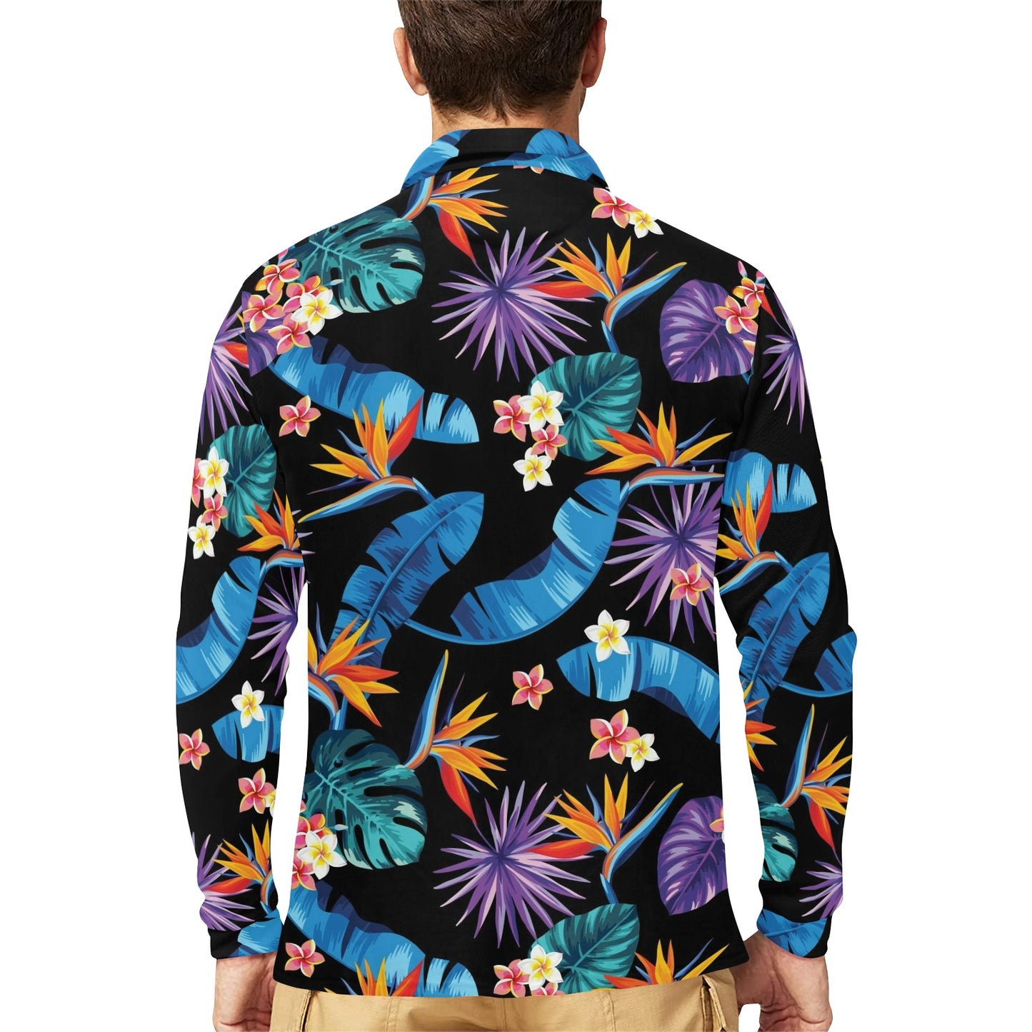 Tropical Flower Pattern Print Design TF018 Long Sleeve Polo Shirt For Men's
