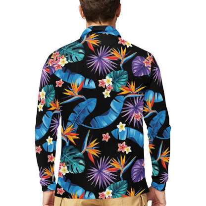 Tropical Flower Pattern Print Design TF018 Long Sleeve Polo Shirt For Men's