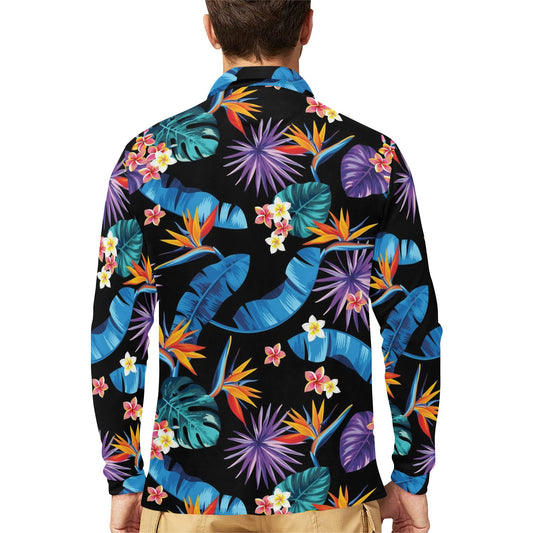 Tropical Flower Pattern Print Design TF018 Long Sleeve Polo Shirt For Men's