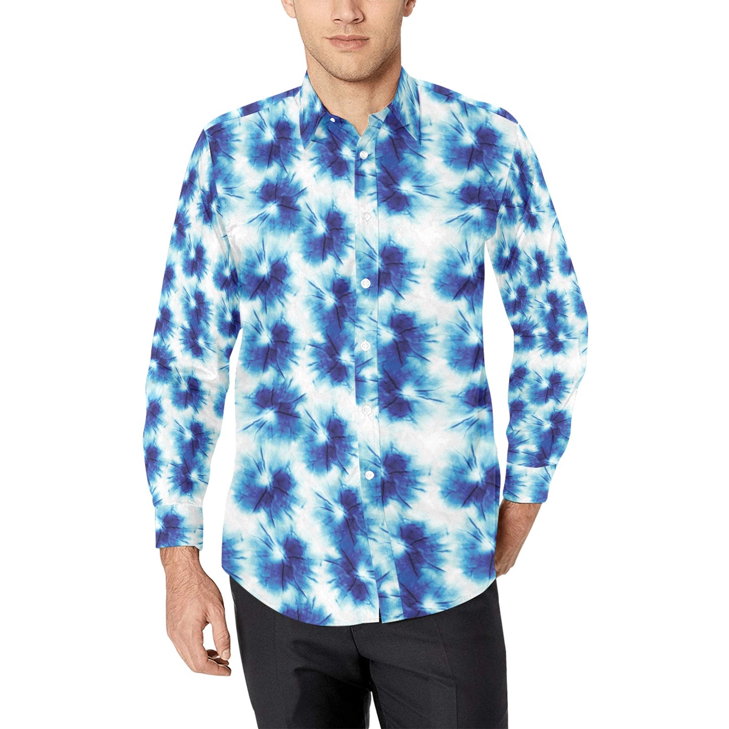 Tie Dye Blue Print Design LKS305 Men's Long Sleeve Dress Shirt