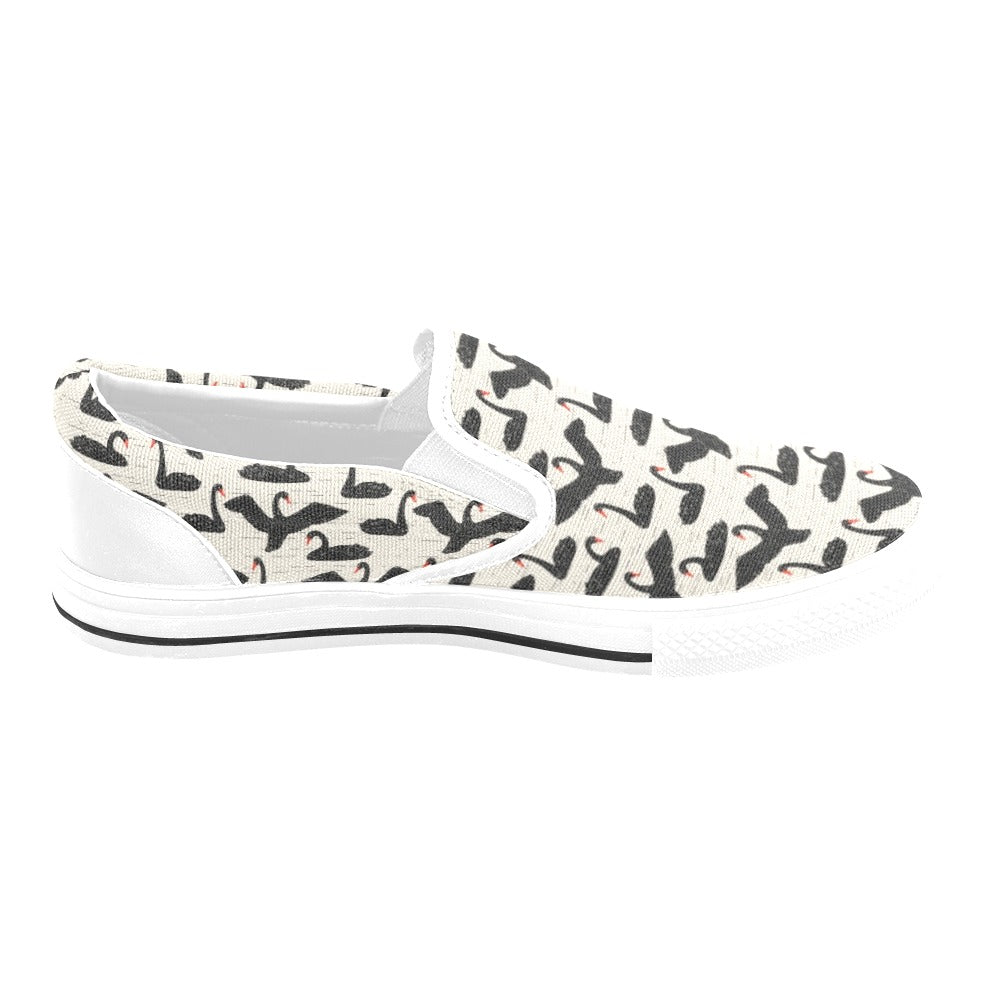 Swan Print Design LKS402 White Slip Ons Canvas Women's Shoes