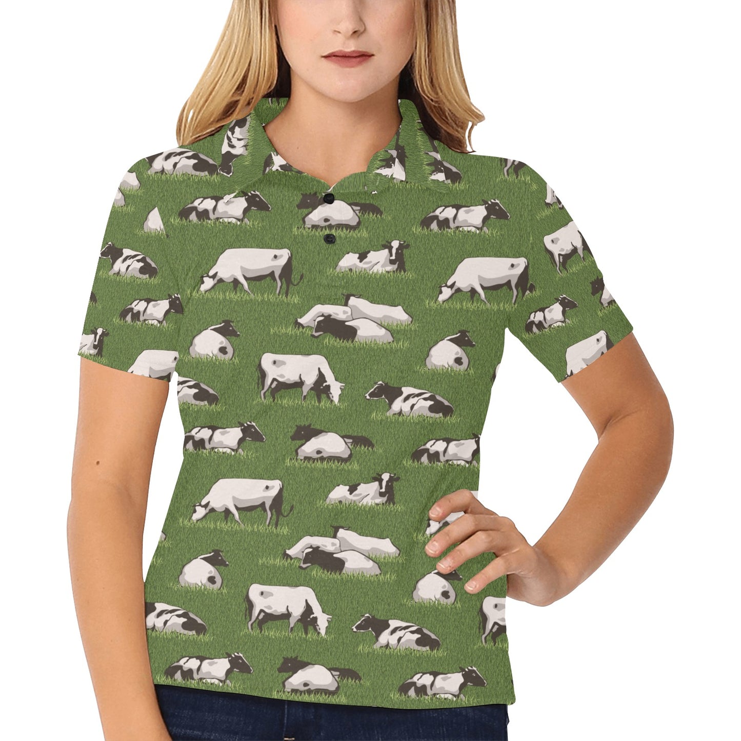Cow on Grass Print Pattern Women's Polo Shirt