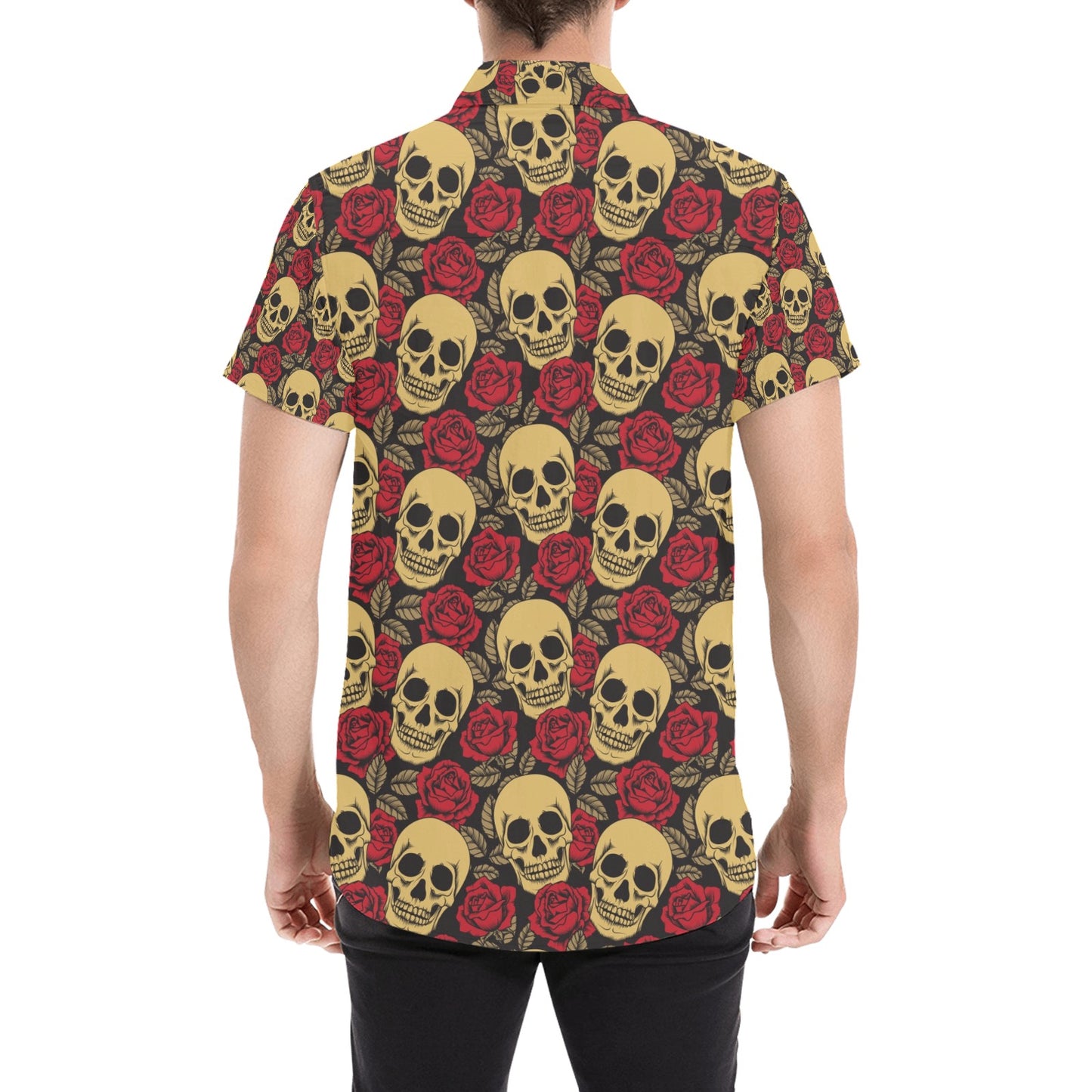 Skull And Roses Print Design LKS302 Men Short Sleeve Button Up Shirt
