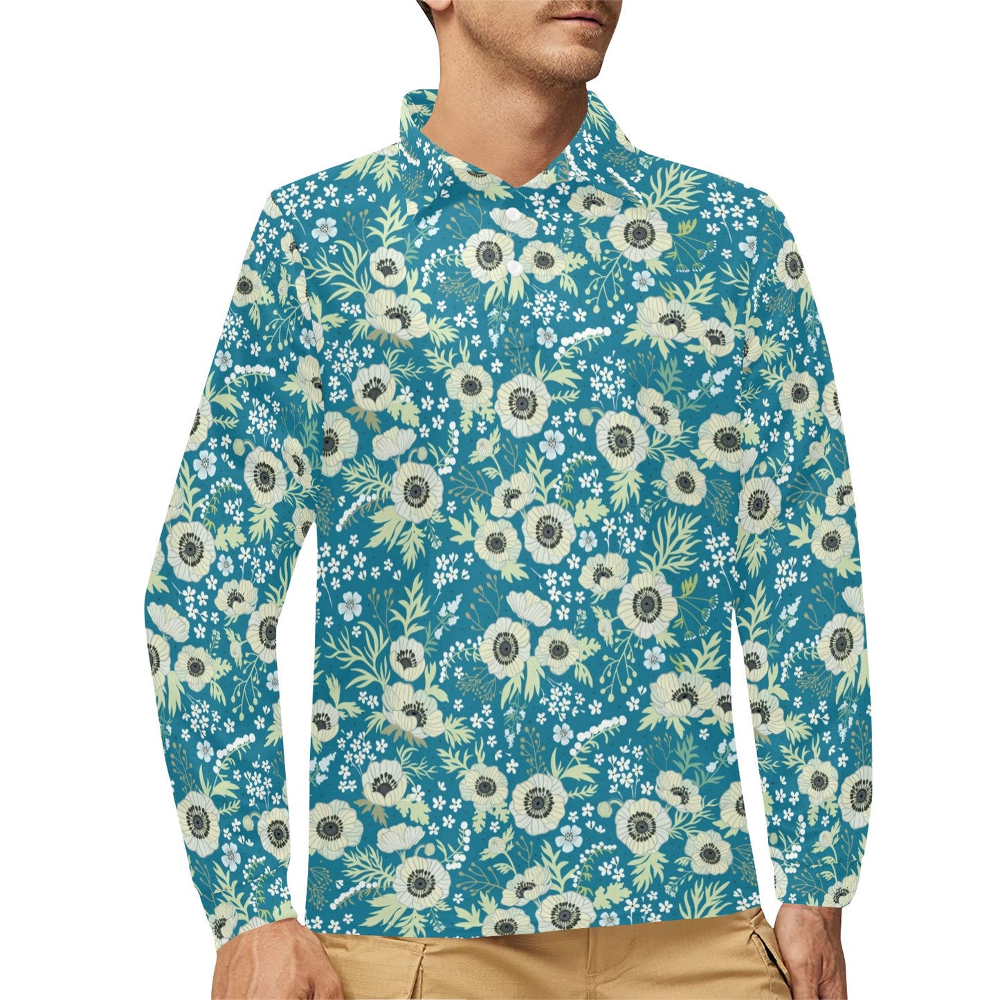 Anemone Pattern Print Design 01 Long Sleeve Polo Shirt For Men's
