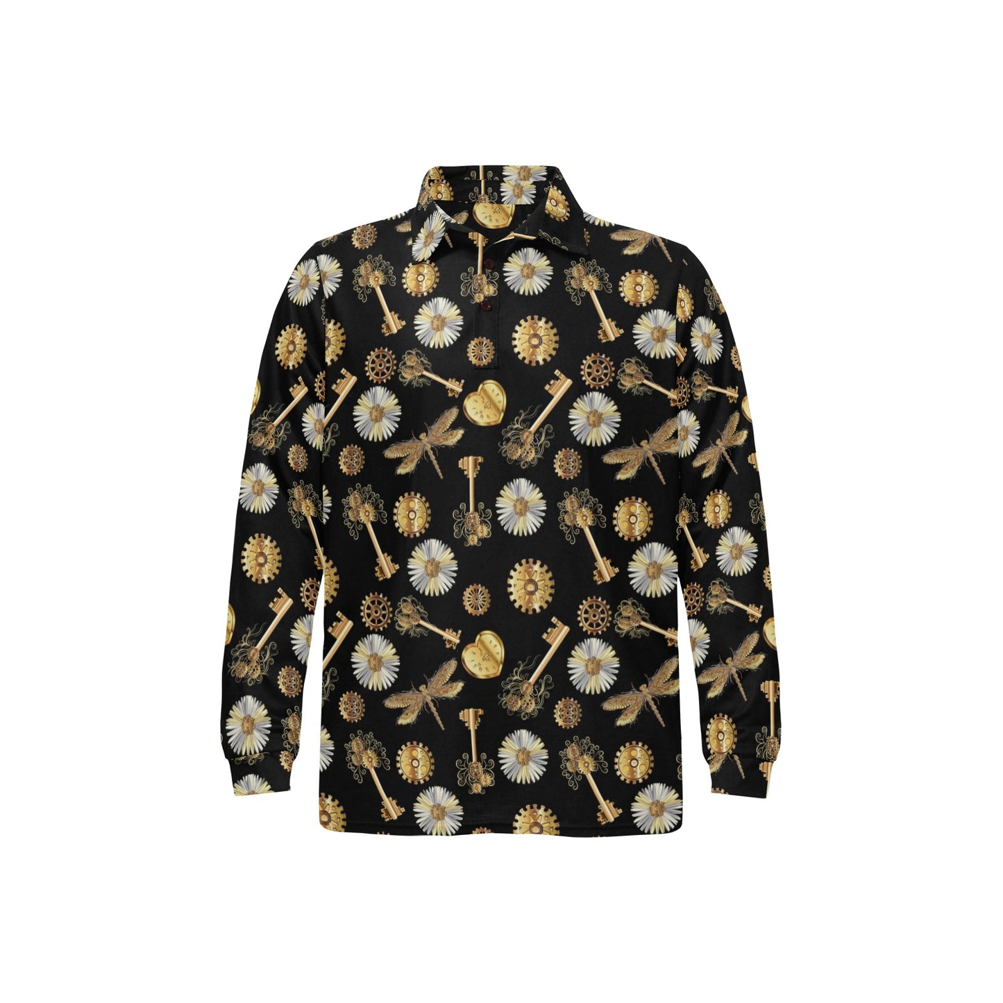 Steampunk Dragonfly Design Themed Print Long Sleeve Polo Shirt For Men's
