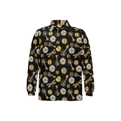 Steampunk Dragonfly Design Themed Print Long Sleeve Polo Shirt For Men's