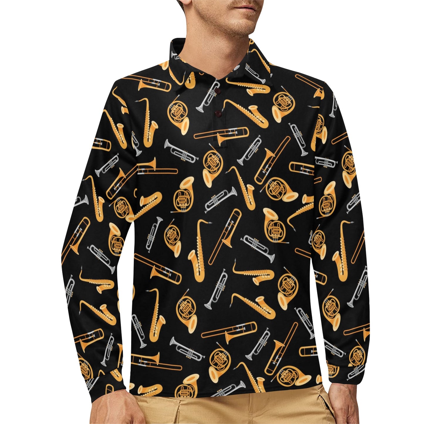 Jazz Pattern Print Design 01 Long Sleeve Polo Shirt For Men's