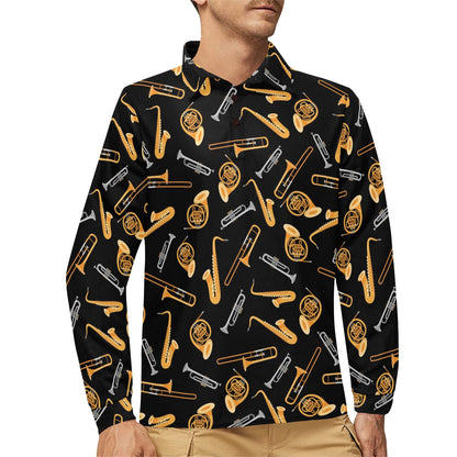 Jazz Pattern Print Design 01 Long Sleeve Polo Shirt For Men's