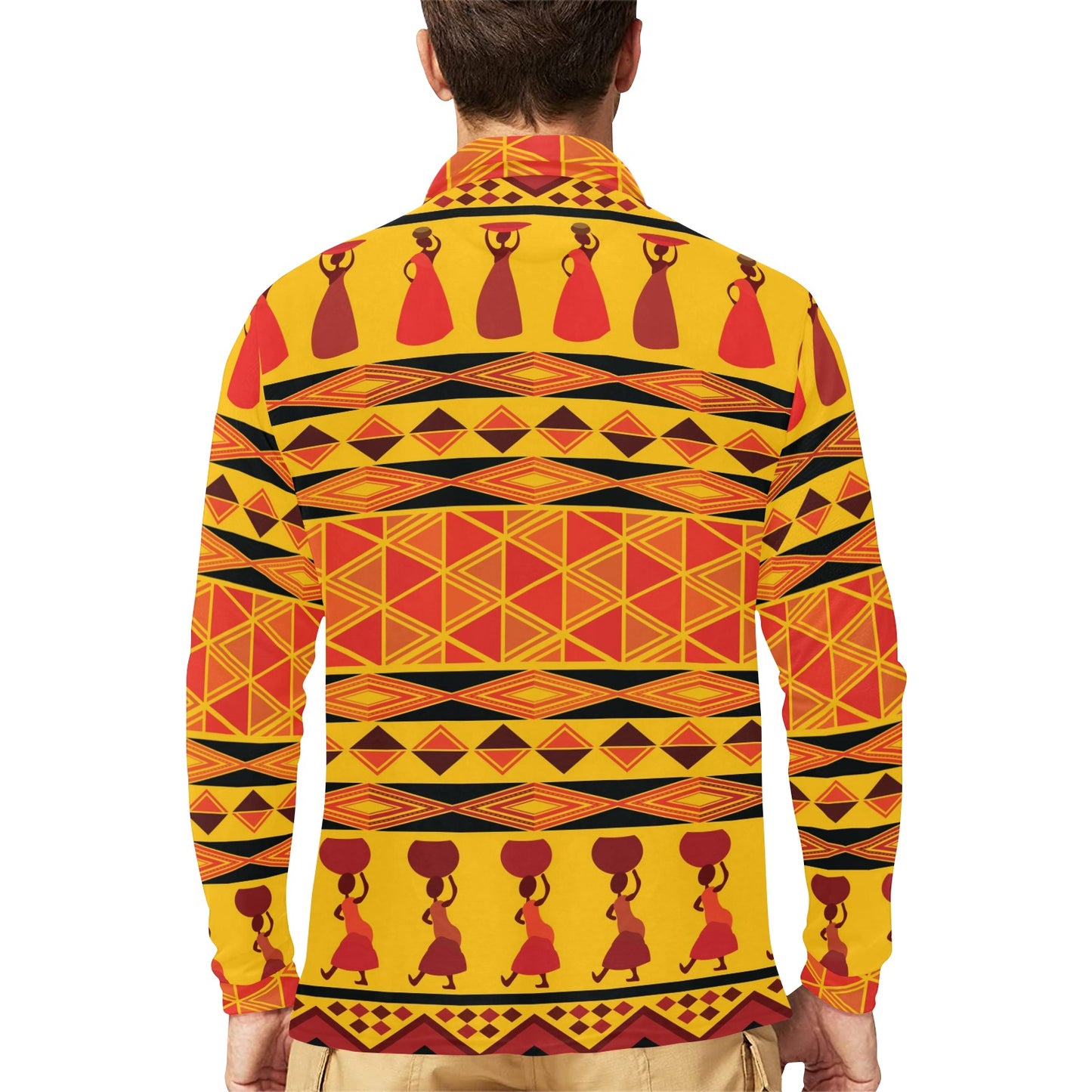 African Pattern Print Design 01 Long Sleeve Polo Shirt For Men's
