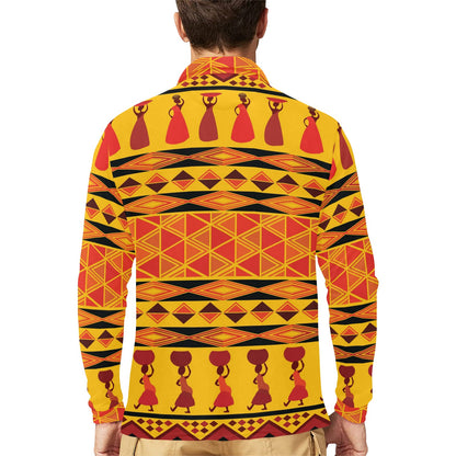 African Pattern Print Design 01 Long Sleeve Polo Shirt For Men's