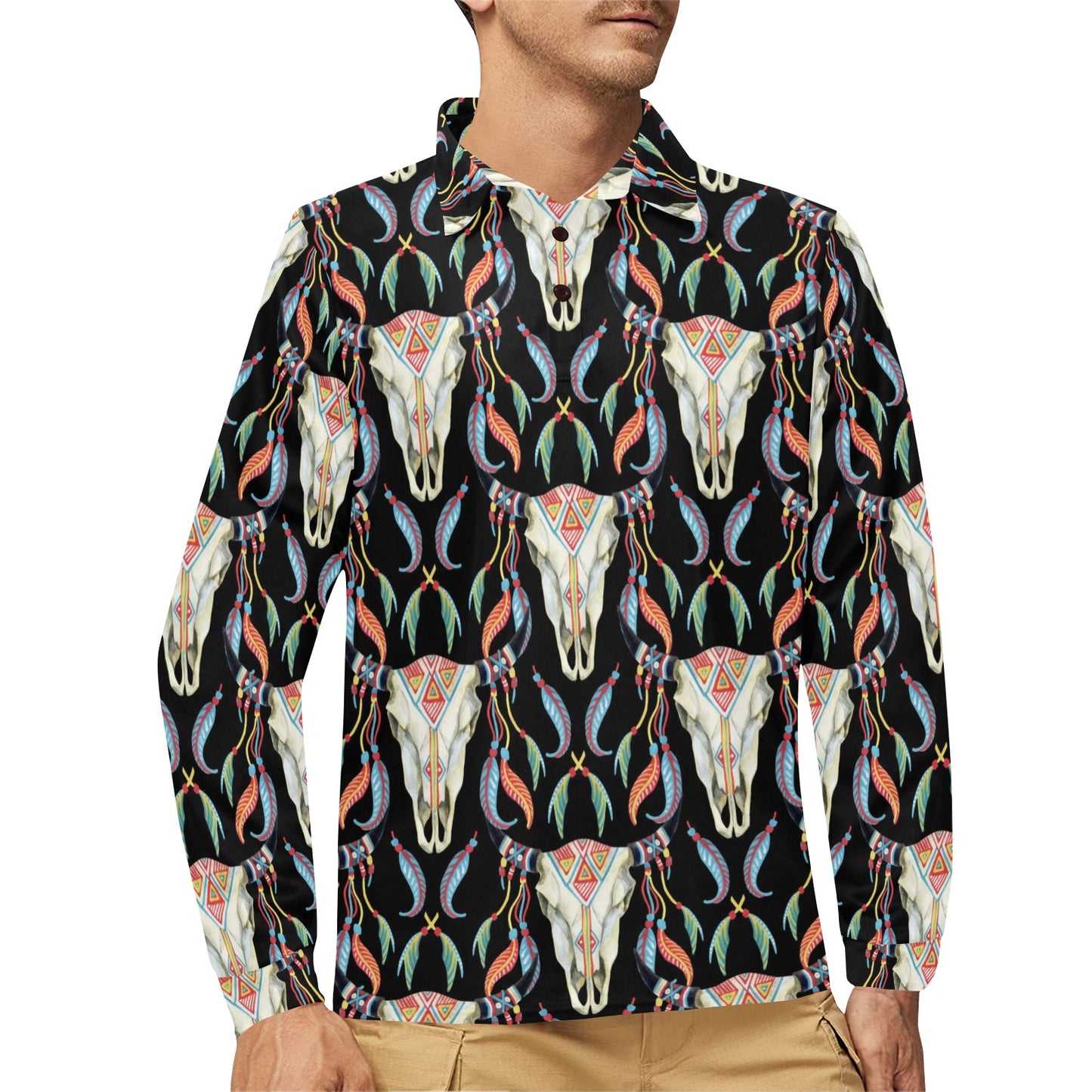 Buffalo Head Boho Style Pattern Print Design 01 Long Sleeve Polo Shirt For Men's