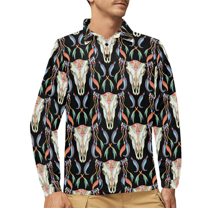 Buffalo Head Boho Style Pattern Print Design 01 Long Sleeve Polo Shirt For Men's