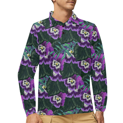 Pansy Pattern Print Design PS07 Long Sleeve Polo Shirt For Men's