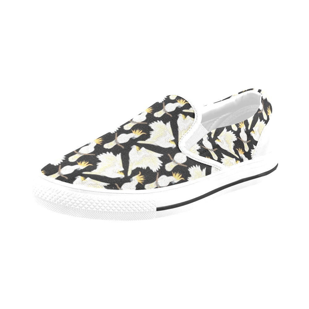Cockatoo Print Design LKS402 White Slip Ons Canvas Women's Shoes