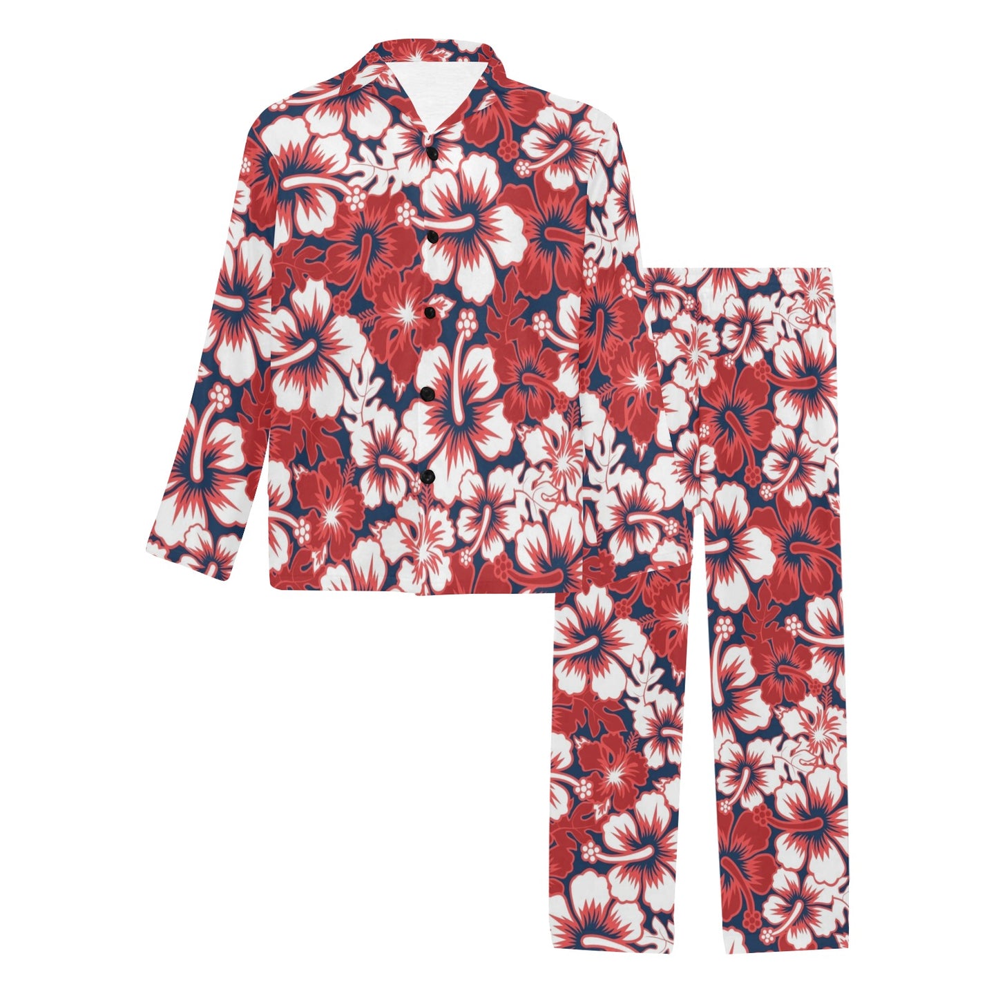 Red Hibiscus Pattern Print Design HB01 Men's Long Pajama Set